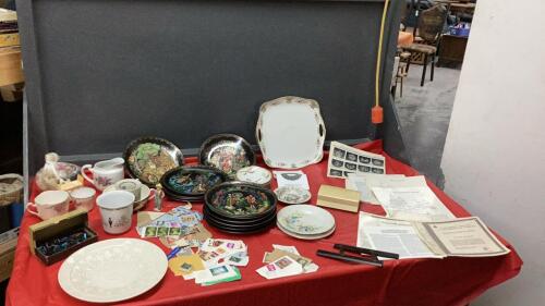 BOX W/ MISC COLLECTIBLES - BELLEK 1976 CHRISTAMS PLATE, MYTHICAL COLLECTOR PLATES, MISC DISHES, USED STAMPS