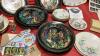 BOX W/ MISC COLLECTIBLES - BELLEK 1976 CHRISTAMS PLATE, MYTHICAL COLLECTOR PLATES, MISC DISHES, USED STAMPS - 5
