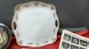 BOX W/ MISC COLLECTIBLES - BELLEK 1976 CHRISTAMS PLATE, MYTHICAL COLLECTOR PLATES, MISC DISHES, USED STAMPS - 6