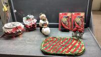 LED LIGHT SETS, (2) POTPORRI LIGHTED BOWLS, FIGURINES, PLACE MATS