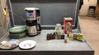 BOX W/ HAMILTON BEACH GRIND + BREW COFFEE MAKER, COLLECTIBLE PLATES, WATKINS SPICE TINS, GIFT JAR