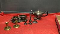 BOX W/ VINTAGE SILVERPLATE ITEMS, BRASS CANDLESTICKS
