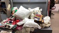 (3) BOXES - CHRISTMAS PILLOWS, LACE TABLE RUNNERS, TABLECLOTHS