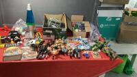 BOX OF MISC KIDS TOYS - , LAVA LAMP, WRESTLER ACTION FIGURES, COMICS, NINJA TURTLES, ARMY VEHICLE