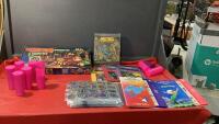 BOX W/ DONKEY KONG BOARD GAME, POGS, MASTER OF THE UNIVERSE BOOKS, (2) KIDS SOUND BOOKS