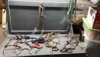 BOX OF ASSORTED TACK- BRIDLES/BITS, MISC PIECES