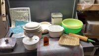 BOX W/TUPPERWARE MICROWAVE BOWLS, TUPPERWARE PIE MAT, SALAD SPINNER, SMALL ELECTRIC FRYPAN