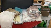 BOX OF BEDDING - BLANKETS, COMFORTER, PILLOW SHAMS