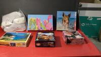 BOX W/ PUZZLES & NEW WINTER BOOTS