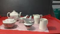 (2) BOXES W/ VINTAGE POTTERY, CHINA ITEMS - SLEEPY INDIAN PITCHER (CHIPPED/CRACKED),.... "ALMOND & CO." TEAPOT, SMALL COVERED DISH, GRAVY BOAT AND MISC SMALL PITCHERS