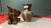 SMALL LIVE EDGE WOOD CLOCK & POTTERY VASE