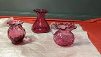 (3) SMALL RUBY PINK GLASSWARE W/ FLUTED TOPS