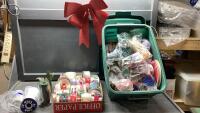 FLAT + SMALL TOTE OF RIBBONS AND ASSORTED CRAFTING ITEMS