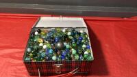 VINTAGE TIN FILLED W/ MARBLES