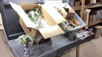 (2) BOXES - GLASSES- SOME W/FLORAL INSERTS + CRAFTING FLORAL PIECES, POTS