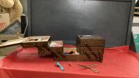 SMALL ACCORDIAN SYTLE SEWING BOX W/ SEWING NOTIONS