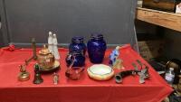BOX W/ MISC DECOR - COBALT BLUE CANISTERS, VINTAGE LIDDED JAR, PINK SWAN TRINKET HOLDER,BRASS BELL, PALM TREE CARVED FROM HORN
