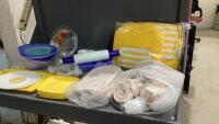 BOX WITH INSULATED PICNIC BAGS, TUPPERWARE PLATES, TV DINNER PLATES, ROLLING PIN, REPLACEMENT LIDS