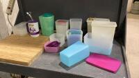 CUTTING BOARD + BOX OF PLASTIC STORAGE CONTAINERS