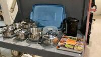 GOOD TOTE W/POTS + PANS, ELECTRIC KETTLE, COOKBOOK