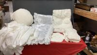 (2) STORAGE UNITS W/ LACY BEDDING & CROCHETED TABLECLOTH
