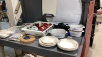 GOOD LIDDED TOTE- (3) CORELLE CORNFLOWER CASSEROLES, MUGS, TEA TOWELS, STRAINER, CUTTING BOARDS