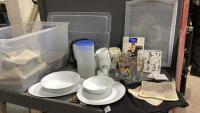 GOOD LIDDED TOTE W/DISH SET, GLASSES, PLACE MATS, COOKBOOK, ELECTRIC KETTLE
