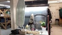 IRON, IRONING BOARD, SMALL SHELF, SCENTSY WAX MELTS, LAMP, SCARF HANGERS
