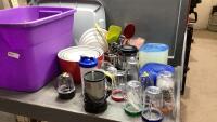 GOOD LIDDED TOTE W/MAGIC BULLET, PLASTIC STORAGE CONTAINERS, BOWL SET, SILVERWARE + TRAY