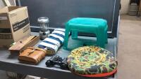 STEP STOOL, SOFT CAST, VINTAGE BINOCULARS, BATTERY LANTERN, WOOD BOX