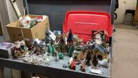 GOOD LIDDED TOTE + BOX WITH CHRISTMAS DECOR , CHRISTMAS VILLAGE