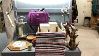 (2) BOXES - CANDLE HOLDER, (4) CERAMIC PILLARS, CLOCK, RUG, DRIFTWOOD PIECE