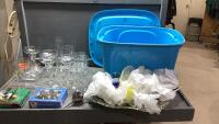 GOOD BLUE TOTE WITH AN ASSORTMENT OF WINE, COCKTAIL GLASSES, CARAFE, ACCESSORIES, LEOPARD PRINT PLATTER
