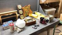 SMALL WOOD SHELF, SHAVERE, BAROMETER, FLIPPERS, LIGHT FIXTURE