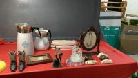 BOX W/ MISC COLLECTIBLES - CORNING COFFEE CARAFES, PLASTIC FREE-STANDING FRAME, CAST DOG BELL, VINTAGE METAL WALL LIGHT