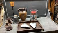 WOOD TRAY, DECORATIVE VASE, LARGE CANDLE IN GLASS HOLDER,