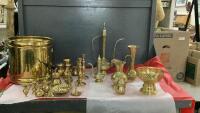 COLLECTION OF BRASS ITEMS - GARBAGE CAN, VASES, COFFEE POTS, PITCHERS,