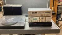 STEREO COMPONENTS - (2) PARADIGM SPEAKERS, ACOM TUNER/RECEIVER, (1)MARANTZ TAPE DECK + MARANTZ RECEIVER, MUSIC HALL TURN TABLE