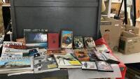 BOX W/ (2) AB HISTORY BOOKS, WESTERN DVD'S, WESTERN BOOKS, MEDICINE HAT PICTURE BOOK, BOOK ON STEAM TRAINS