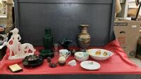 BOX W/ MISC COLLECTIBLES - VASES, TRINKETS, TRIVET, BMP ASHTRAY