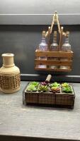 WOOD BOTTLE HOLDER, WIRE BASKET W/ARTIFICIAL CACTI, DECORATIVE JUG