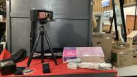ANTIQUE 3-A FOLDING BROWNIE CAMERA, VINTAGE LIGHT REFLECTOR, (2) TRIPODS AND MISC CAMERA ITEMS