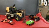 VINTAGE TONKA'S. - GREEN CAR, JEEP, EXCAVATOR, SEMI W/ FLATDECK