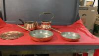 COPPER ITEMS - TEAPOT (NO LID), POT, (2) FRYPANS, PLATE
