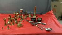 COLLECTION OF BRASS & SILVERPLATE ITEMS - BELLS, SMALL VASES, GOBLET, CANDLE STICKS