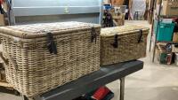 (2) WICKER TRUNKS WITH LEATHER STRAPS TO CLOSE