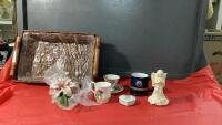 WICKER BASKET W/ OILERS MUG, PORCELIAN FLOWER, VINTAGE TEA CUP & SAUCER, PARTYLITE ANGEL, TRINKET BOX