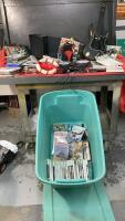 LARGE LIDDED TOTE W/ XBOX 360 CONSOLE & GAMES, CONTROLLERS, GUITAR HERO, PS2 & WII GAMES, (2) SONY PS2 CONSOLES & SONY CONTROLLER, WII DANCE MAT