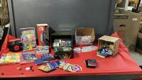 BOX W/ POKEMAN ITEMS - CARDS, MOVIE, BOOKS, TRAINERS TOOL KIT, TIN ....SOME YU-GI-OH AND LOL CARDS