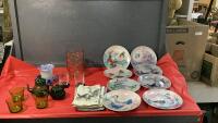 (2) BOXES W/ BUTTERFLY COLLECTOR PLATES. PINK WATER PITCHER & MISC GLASSWARE